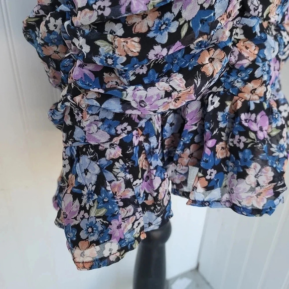 Allison & Kelly Dress Womens Blue Floral Short Slv Keyhole Mesh Rutched Ruffle M - Picture 9 of 16